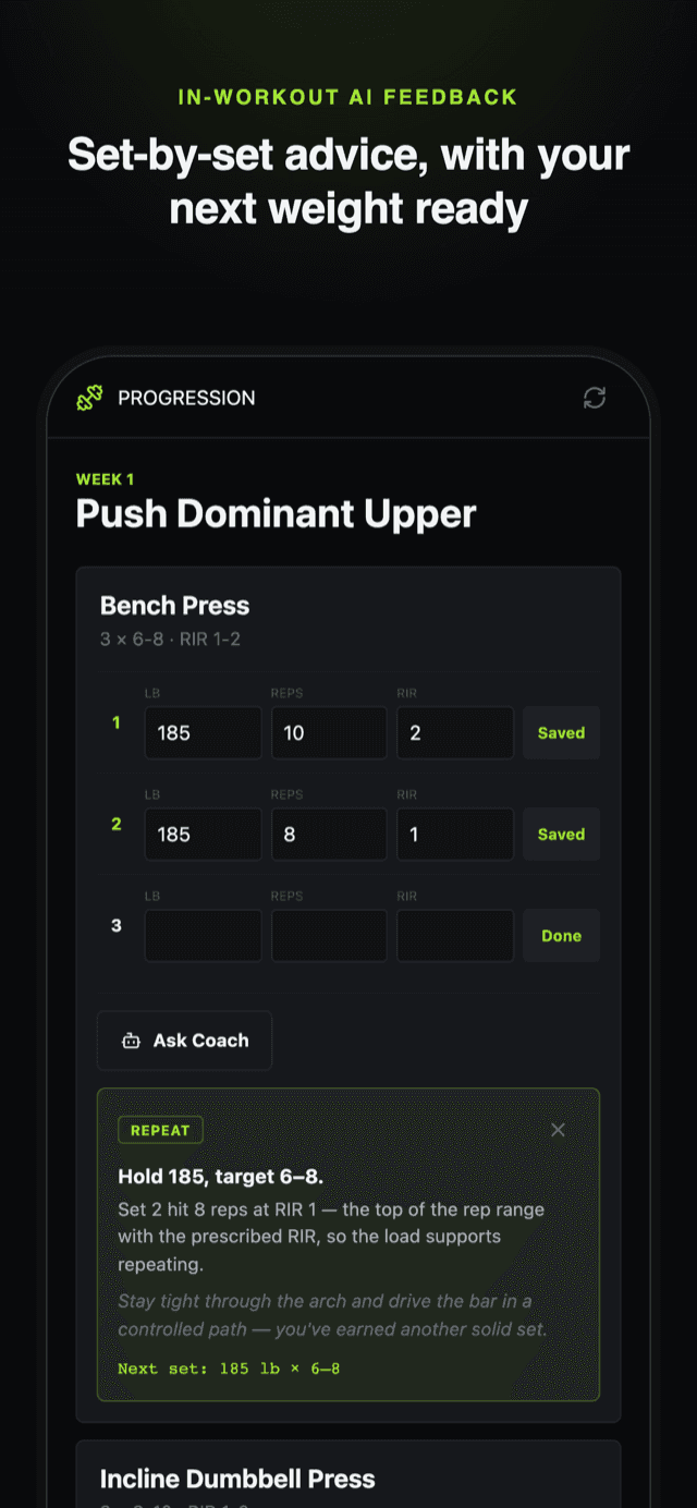 In-workout set logging with AI next-weight coaching